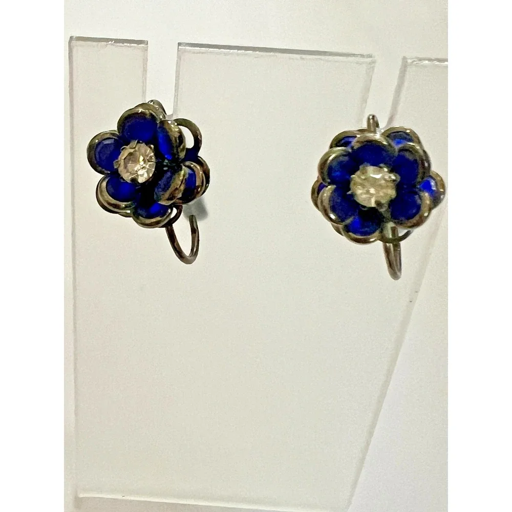 Vintage Cobalt Blue Glass‎ Floral Clip On Earrings Art Deco Rhinestone Flower